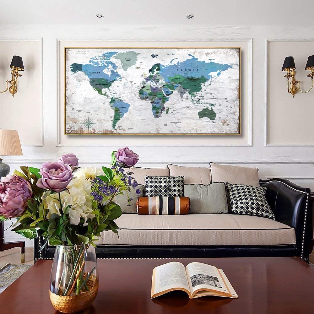Framed Wall Art World Map Wall Art Canvas Picture 20inchx40inch Large Blue Map of The World Canvas Painting Artwork Prints for Office Wall Decor Home Living Room Decorations Framed Ready to Hang