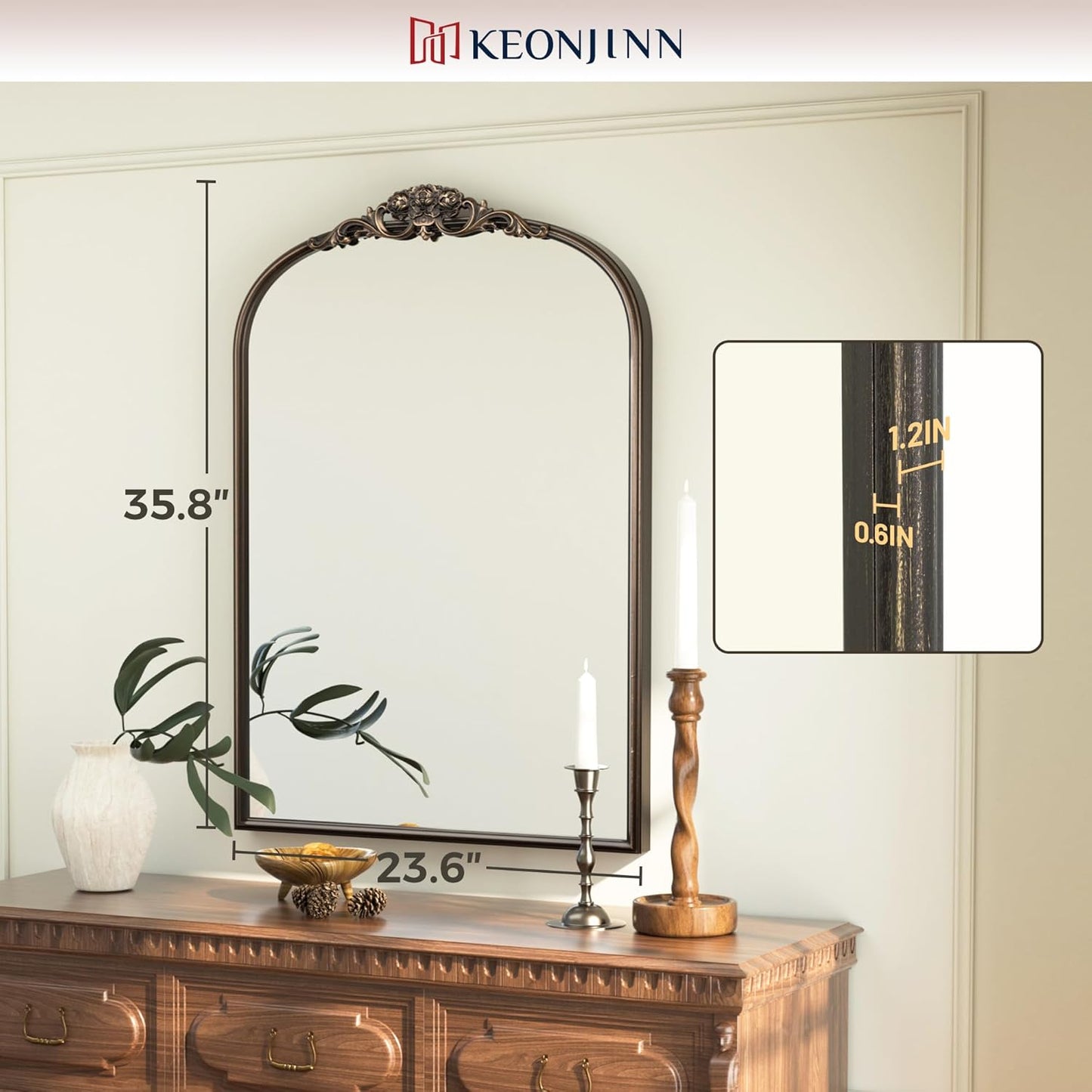 Keonjinn Vintage Mirror for Wall, 24" x 36" Bronze Antique Mirrors with Metal Frame, Baroque Style Decoration for Mantle, Bathroom, Living Room, Fireplace, Bedroom, French Cleat Mounting