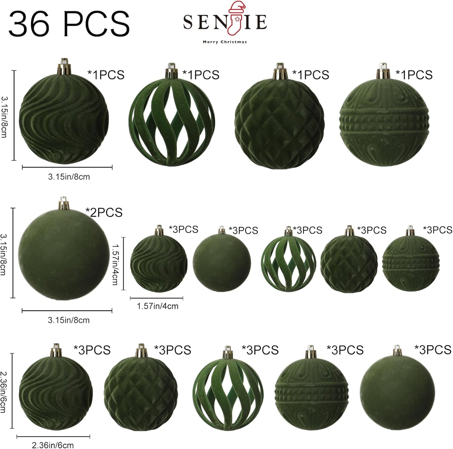 36pcs Velvet Ornaments for Christmas Trees, Flocked Christmas Balls Sets Assortment for Xmas Tree Holiday Decor