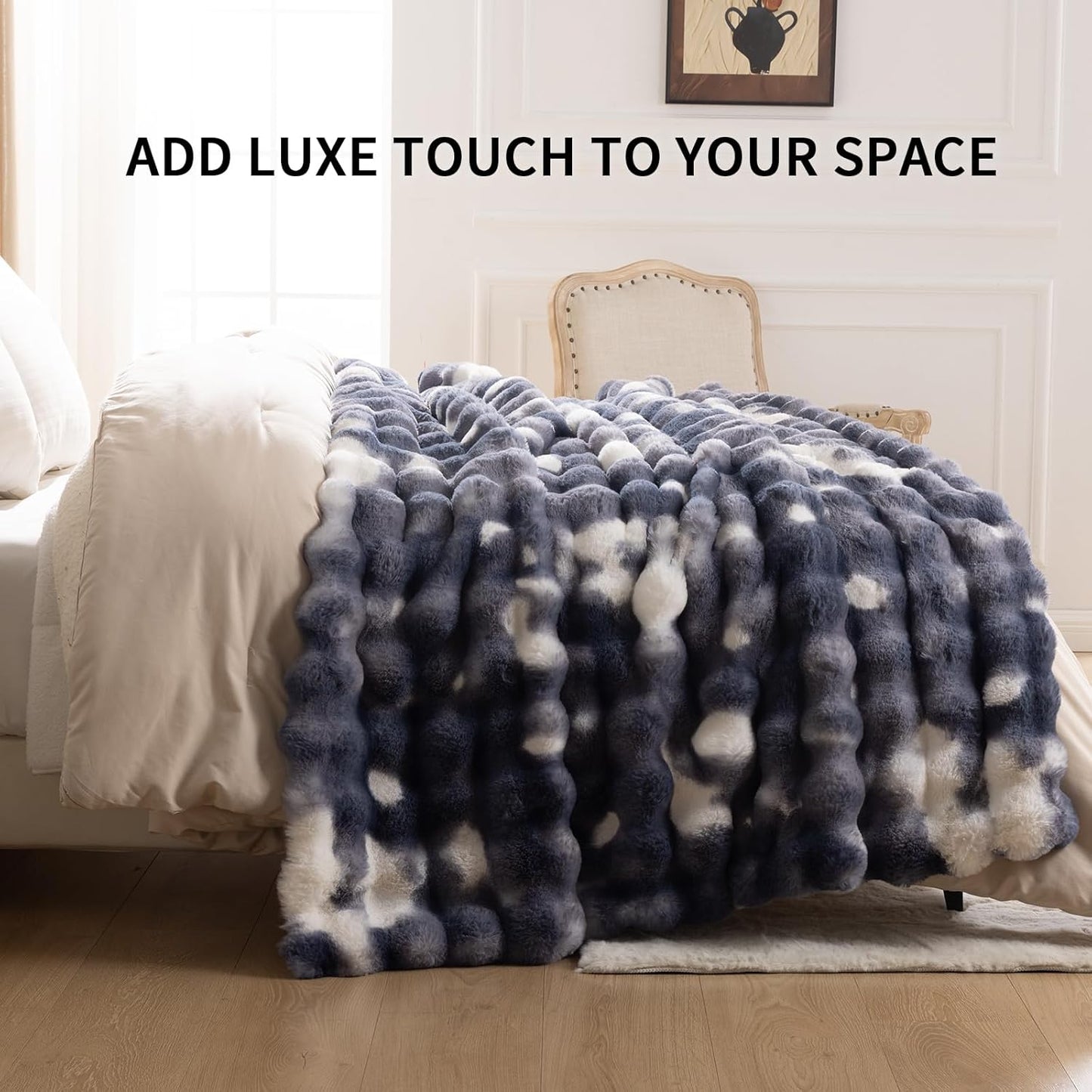 Cozy Faux Fur Throw Blanket for Bed-Warm Fuzzy Throw Blanket, Soft Plush Thick Bubble Blankets for Bedroom and Living Room, Furry Luxury Blanket, 90 x 108,Tie-Dye Blue