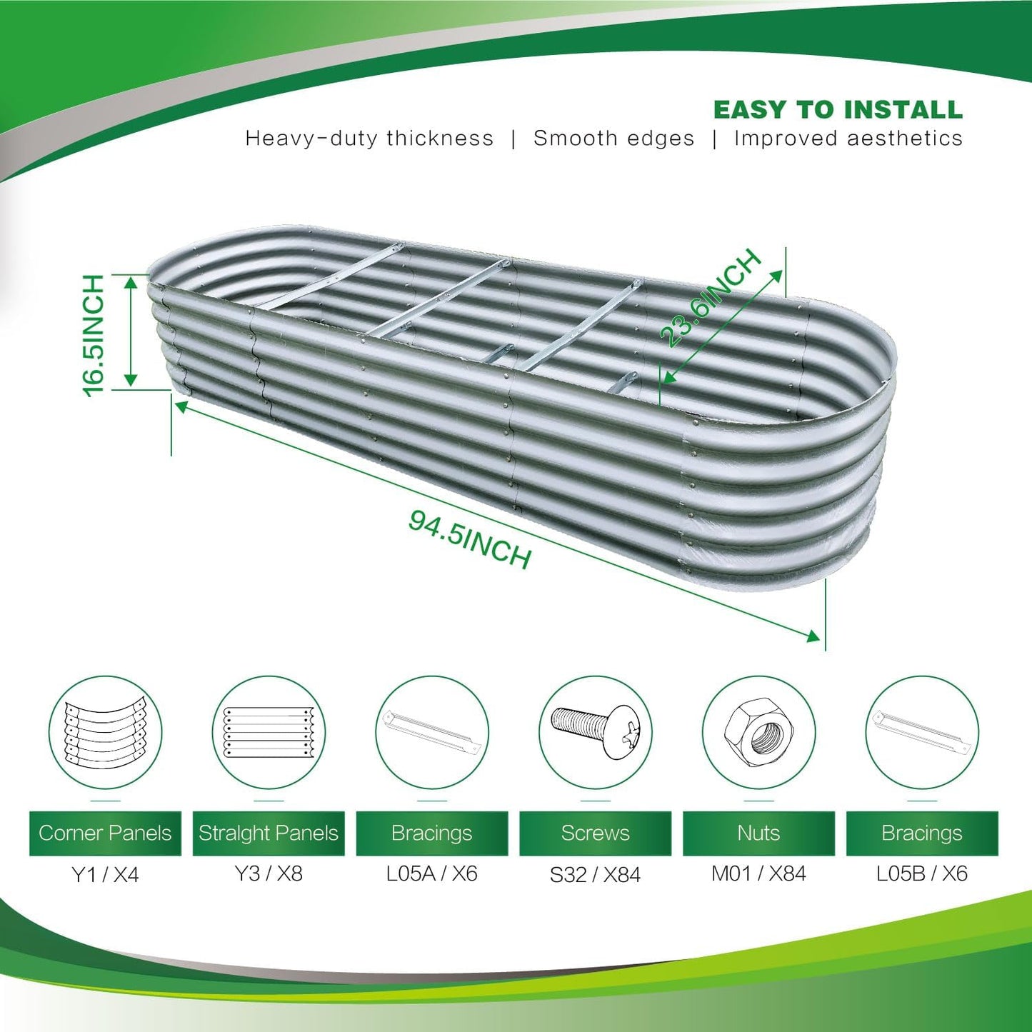 Gardmax Galvanized Raised Garden Bed, Lightweight Planter Boxes Outdoor with Easy Assembly, Large Garden Bed for Vegetables, Fruits, Flower Silver 8FT