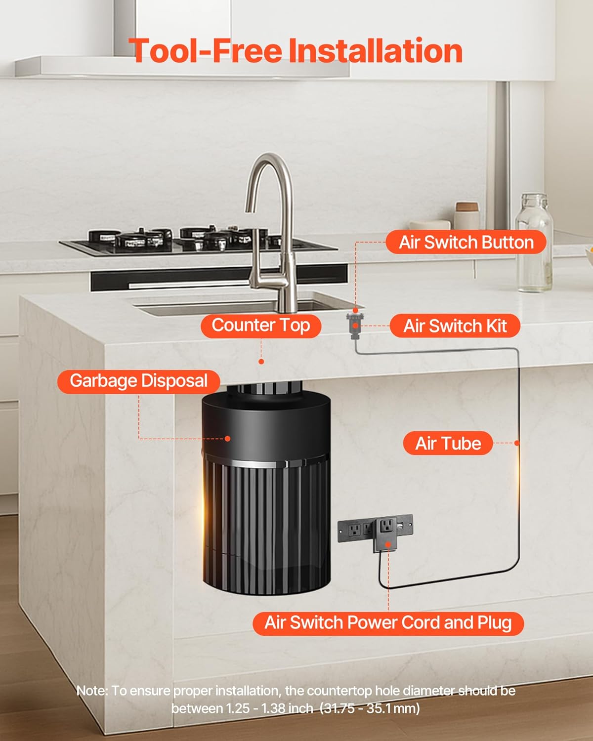 VEVOR Garbage Disposal Air Switch Kit, 3.5" Long Sink Top Air Switch for Food Waste Disposal, Brushed Silver Stainless Steel ON/OFF Air Push Button for Granite, Marble, and Quartz Countertops