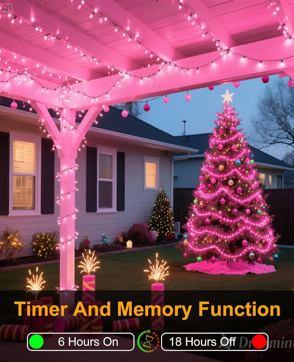 197FT 600 LED Christmas Lights Outdoor, Plug in Christmas Tree Lights 8 Modes, Waterproof Green Wire String Twinkle Lights for Indoor House Patio Garden Party Wedding Holiday Decorations, Pink