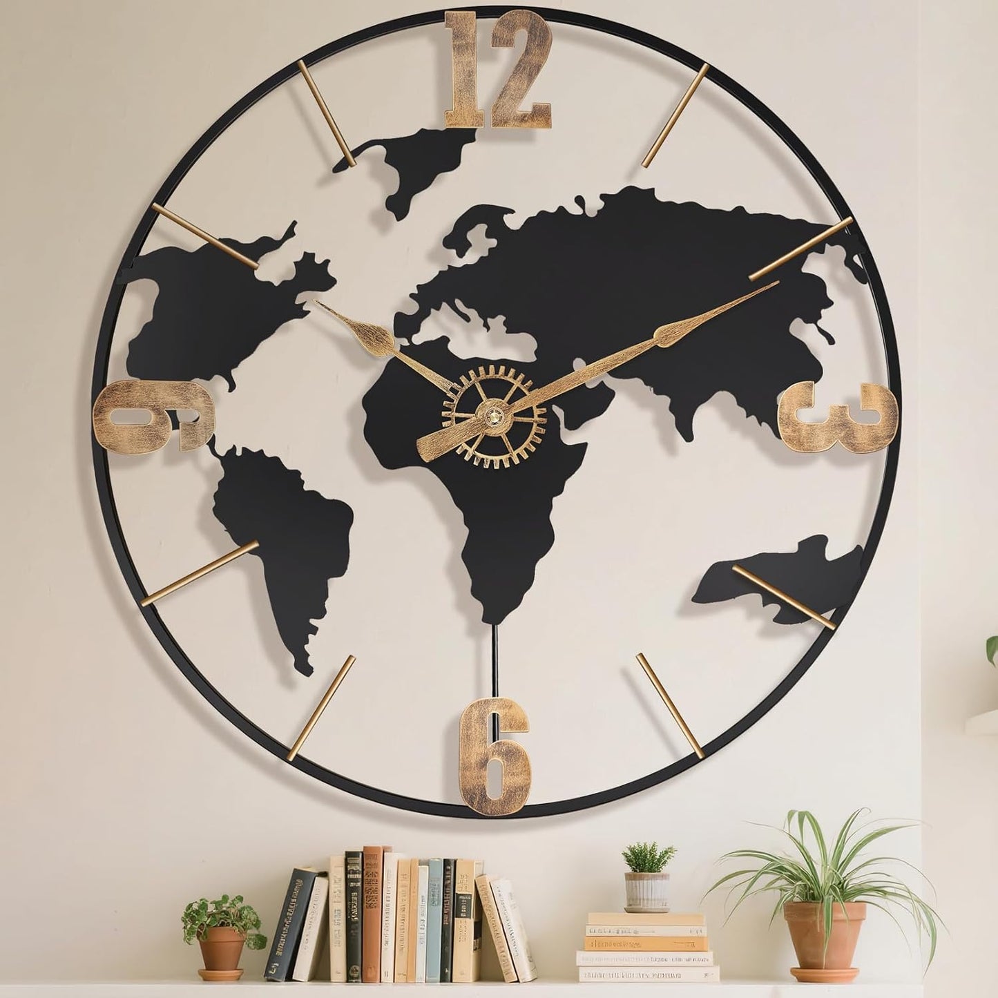 30 Inch Large Modern Decorative Metal World Map Wall Clocks Giant Extra Vintage Gold Arabic Numeral Oversized Wall Clock for Living Room,Office,Dining Room,Entryway,Fireplace