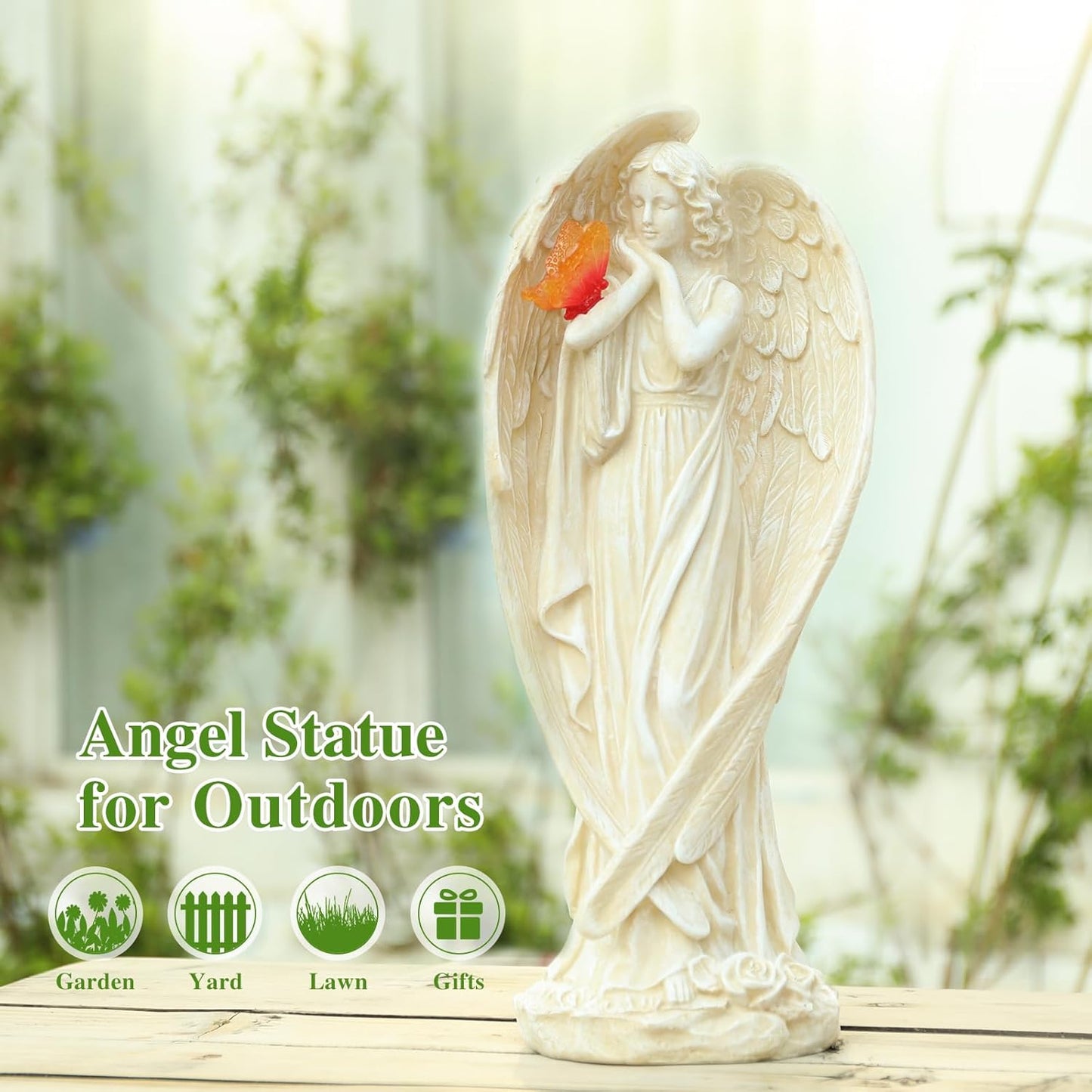 Angel Figurine, Large Angel Garden Statues Outdoor with Butterfly Solar LED Lights Lawn Decorations Yard Ornament Sculptural for Outside Patio Decor, Angel Gardening Gifts