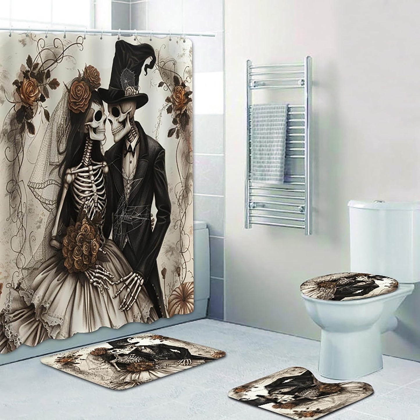 NEWSUYAA Halloween Decorations Shower Curtain Set with Non-Slip Rugs and Bath Mats,Black Skull Skeleton Bathtub Curtains with 12 Hooks,All Saints'Day (Nov 1st) Bathroom Decor