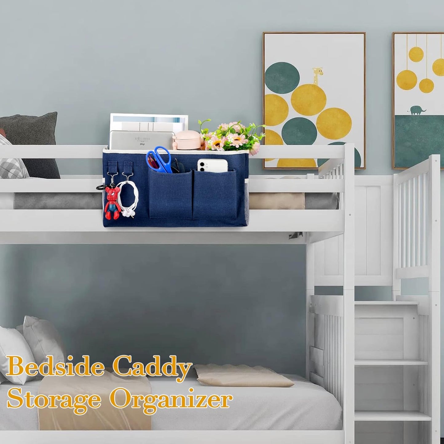 Bedside Storage Caddy/Bedside Hanging Storage Bag for Headboards Bunk Beds Dorm Rooms Book Phone Magazine Holder (Navy Blue)