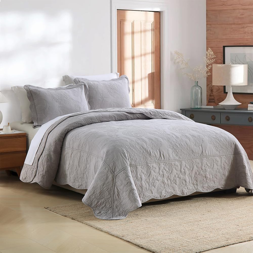Cotton Bedspread Quilt Sets, Real Patchwork Bedding Sets with Luxury Floral Paisley Pattern, 3 Pieces Reversible Soft Lightweight Coverlet for All Season, Grey, King Size