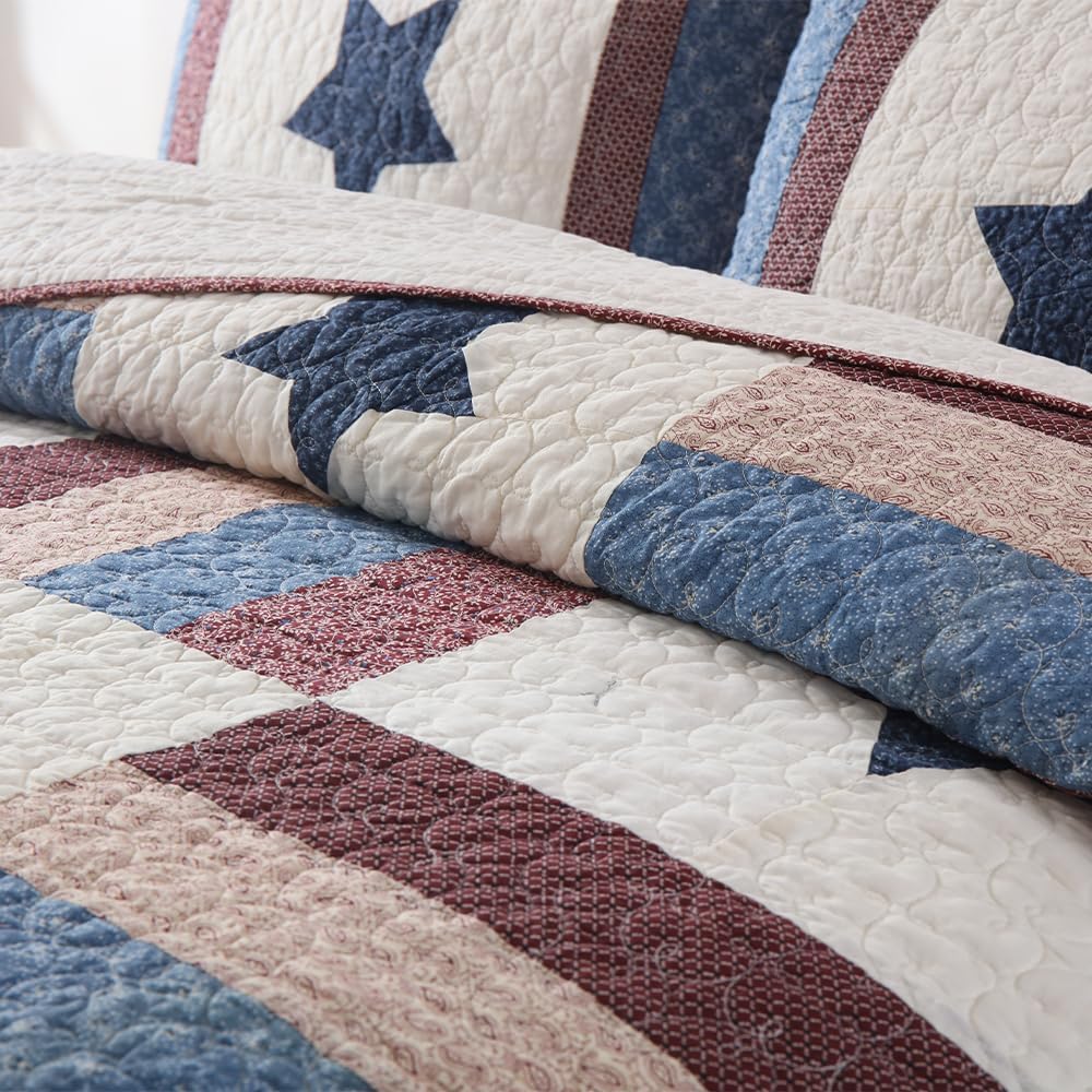 Cotton Bedding Quilt Sets 3 Pieces Reversible Coverlet Sets All Season Boys Real Patchwork Bedspread,Star Pattern,Queen Size