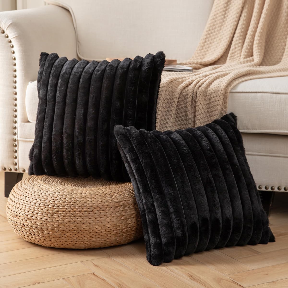 DEELAND Pack of 2,Double-Sided Faux Fur Plush Decorative Throw Pillow Covers Fuzzy Striped Soft Pillowcase Cushion Covers for Sofa Couch Bedroom Black 22x22 inch