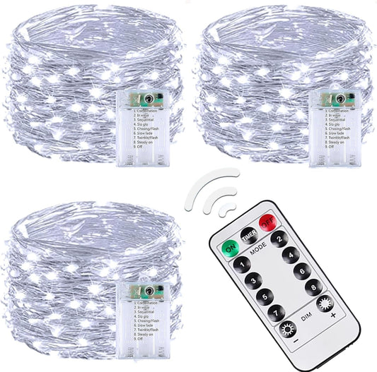 3 Pack 60LED Battery Operated Fairy Lights with Remote, 8 Modes LED String Lights with Timer, Dimmable, Memory Function, Waterproof Twinkle Fairy Lights for Outdoor Indoor Christmas Decor(Cool White)