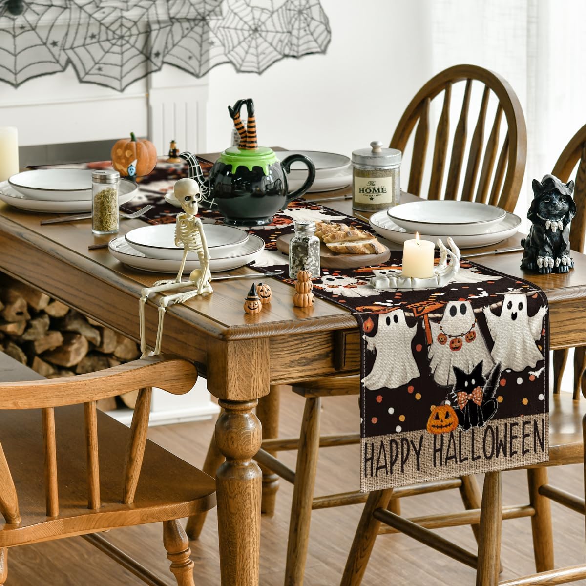 Artoid Mode Ghost Jack-O'-Lantern Black Cat Halloween Table Runner,Holiday Kitchen Dining Table Decoration for Home Party Decor 13 x 108 Inch