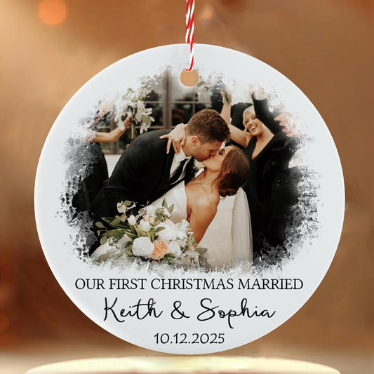 Bemaystar Personalized First Christmas Married Ornament 2025 - Personalized Photo Ornaments with Text Date, Custom 1st Christmas Married Ornament, Customized Xmas Gifts for Newlywed, Couples