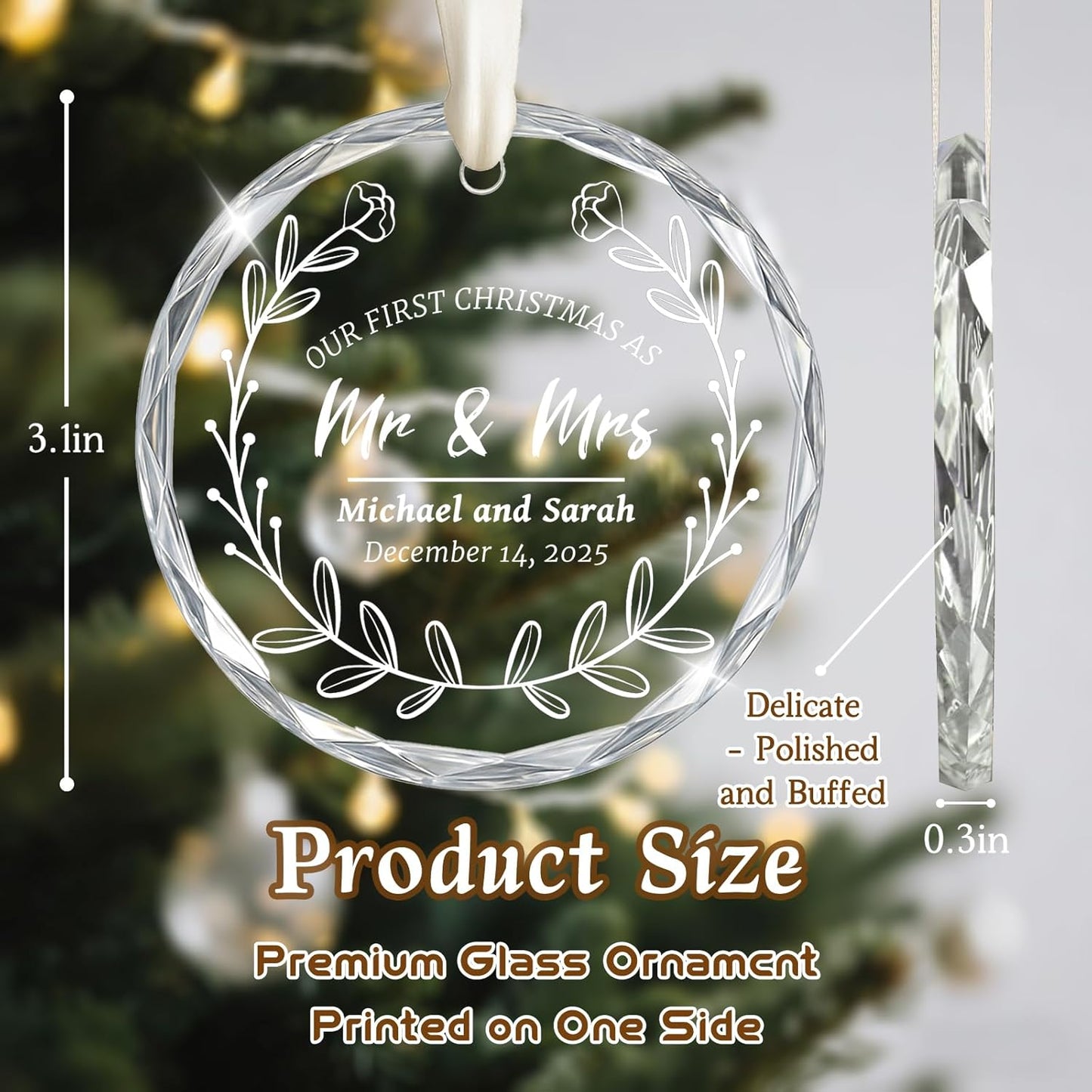First Christmas Married Ornament 2025, Custom Wedding Crystal Glass Ornament with Photo, Name or Date, Personalized Wedding or Bridal Shower Gifts for Newlyweds