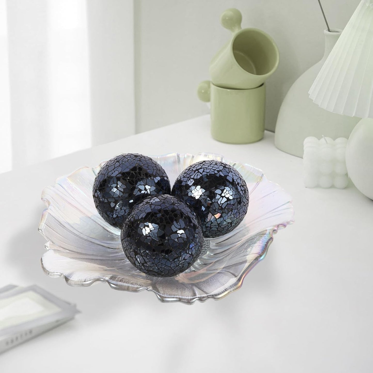 6Pcs Decorative Ball for Bowls, 8cm/3.15inch Mosaic Glass Centerpiece Decoration Balls Mirror Glass Ball Fillers for Home Decor Dining Tables Wedding Party (Black)