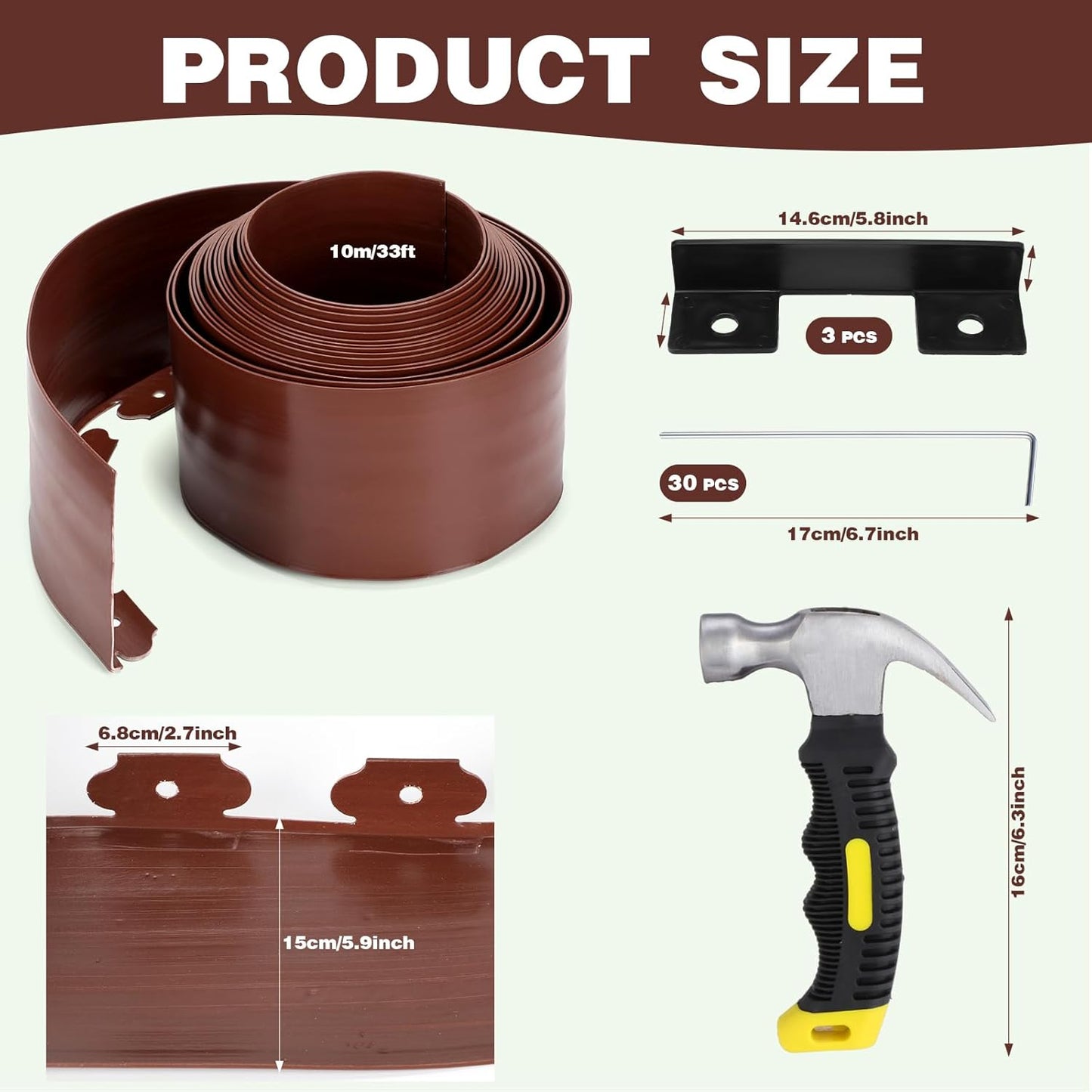 6 Inch Tall 33 ft Length Landscape Plastic Edging Kit with Hammer Spikes Plastic Garden Flower Bed Edging Landscape Border for Gardens Border Grass Yard Lawn (Brown)