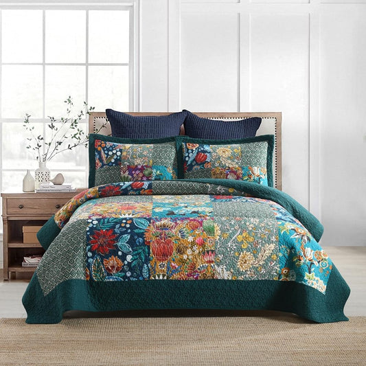 Autumn Dream Cotton Bedspread Quilt Sets Reversible Bedding Coverlet Sets Comforter, Vintage Floral Patchwork Turquoise Bedspread, King Size
