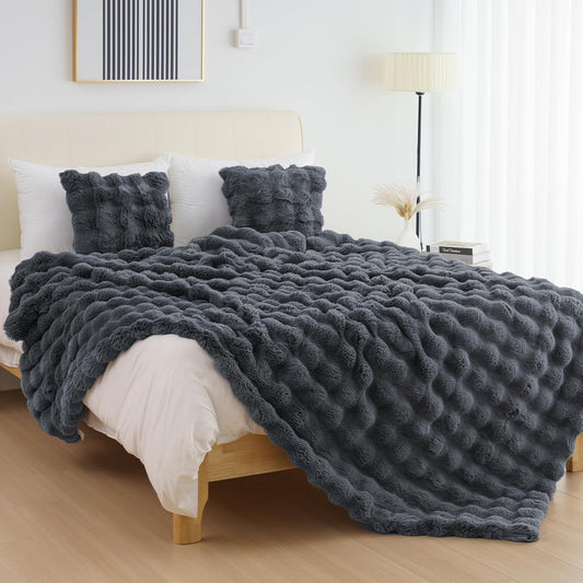 Cozy Faux Fur Throw Blanket for Bed-Warm Fuzzy Throw Blanket, Soft Plush Thick Bubble Blankets for Bedroom and Living Room, Furry Luxury Blanket, 90 x 90, Grey