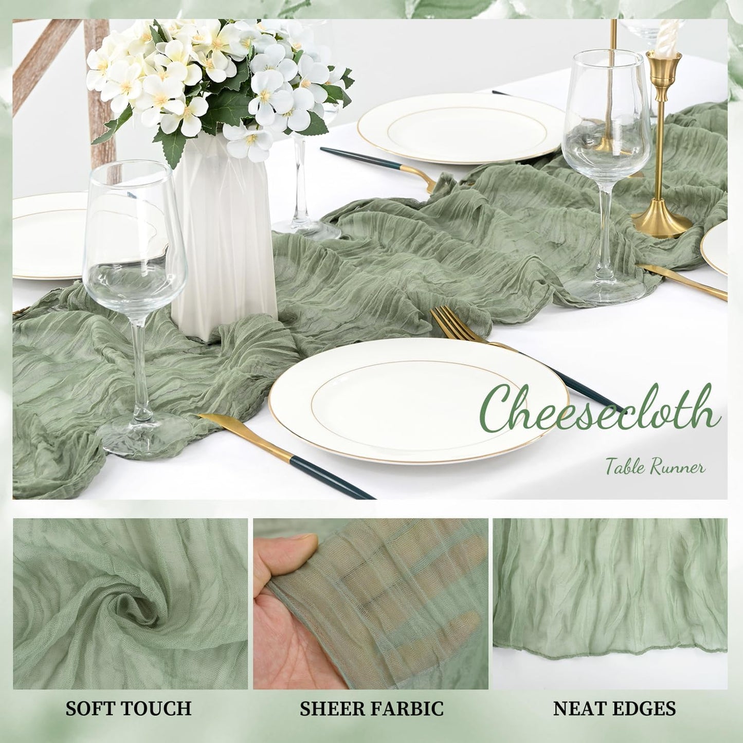 20 Pack Sage Green Cheesecloth Table Runner 10FT Rustic Gauze Fabric Cheese Cloth Table Runner for Wedding Bridal Baby Shower Table Decor 20 x 120 Inch Long Boho Sheer Birthday Party Table Decorations