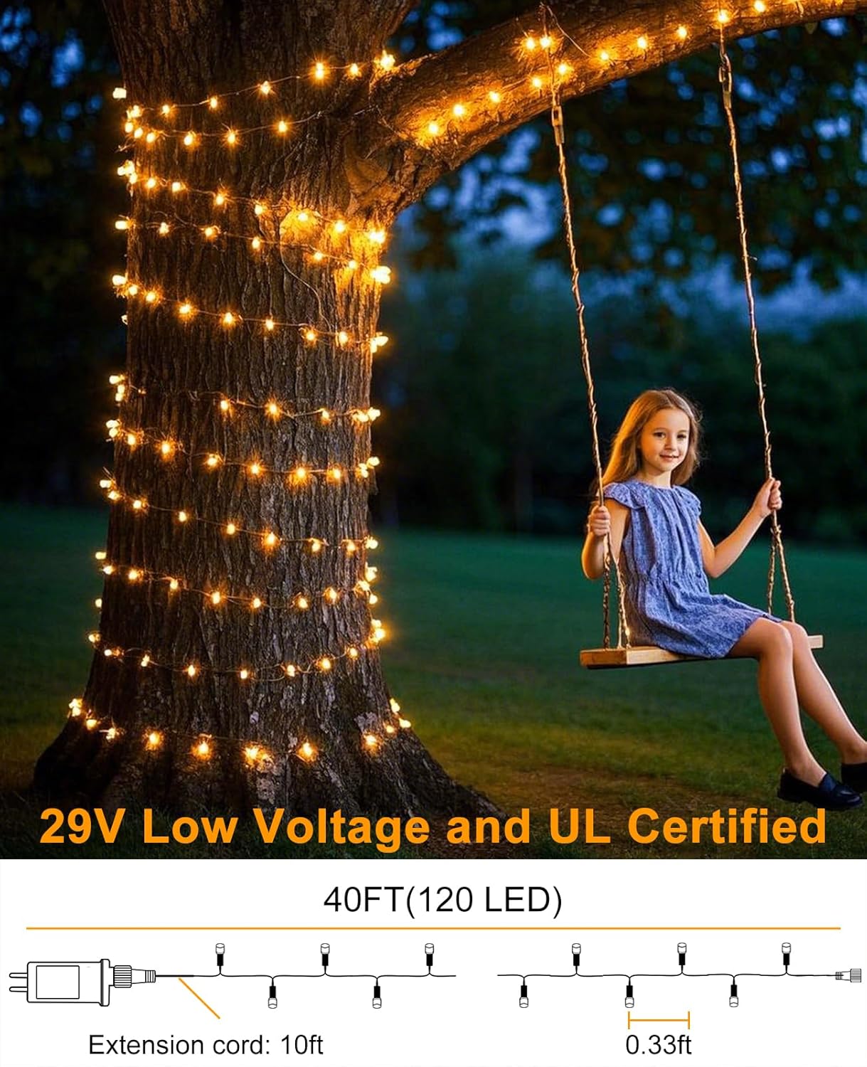 40FT 120 LED Christmas Lights Outdoor, Warm White Christmas Tree Lights with 8 Modes & Waterproof, Connectable Plug in String Light for Indoor Bedroom Yard Party Wedding Decorations