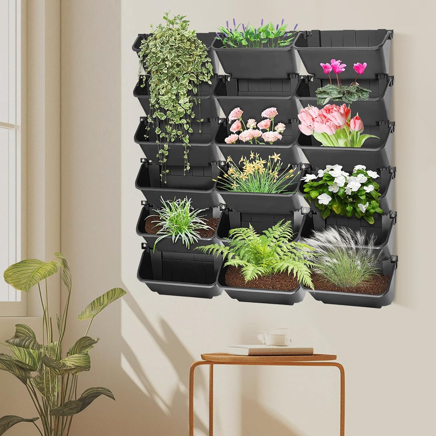 18Pcs Vertical Wall Planter, 13 inch Wall Mounted Garden Planters, Plastic Wall Hanging Planter with Drainage Holes, Wall Planters for Patio Outdoor Decor, Balcony Plant Hanging Flowerpot (Black)