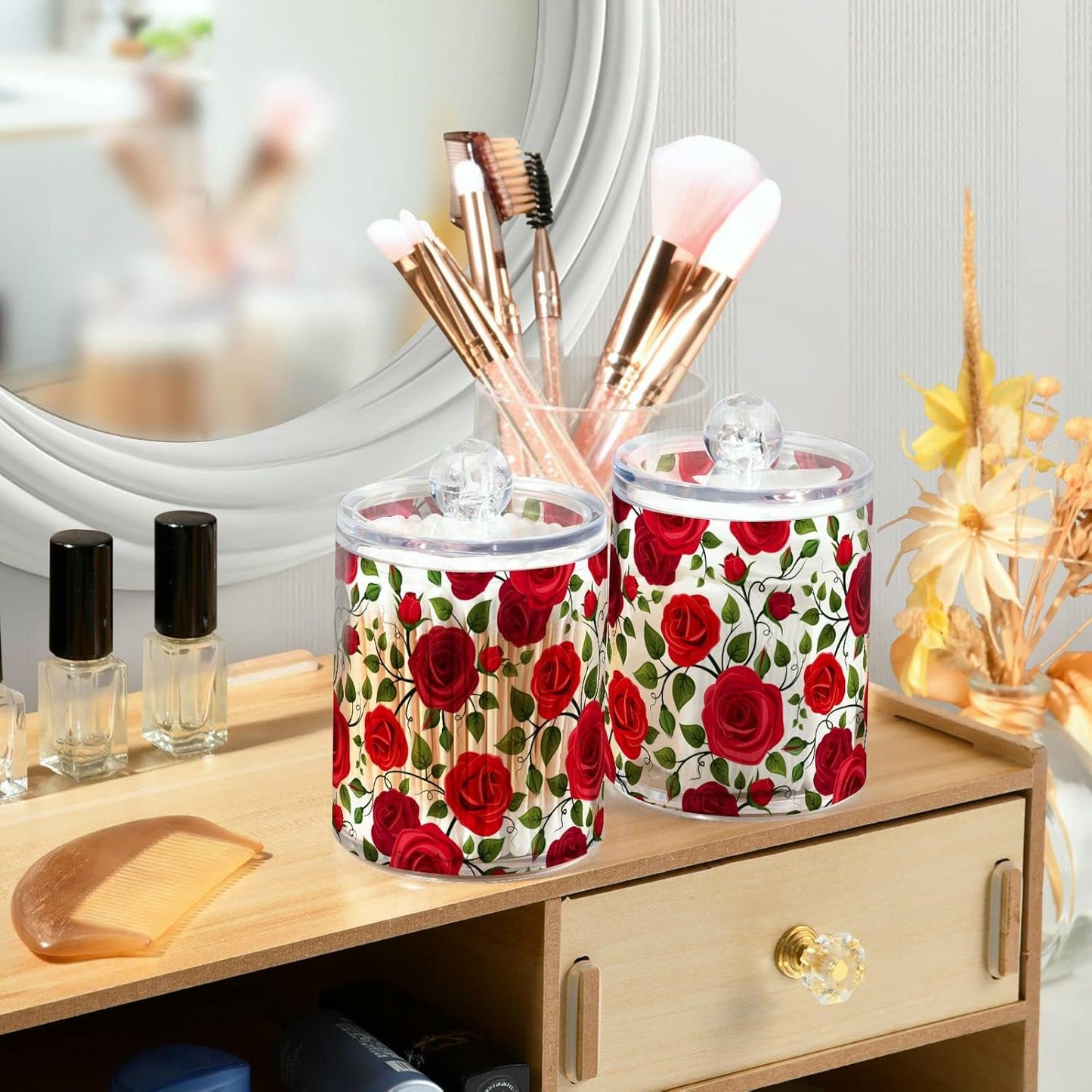 2 Pack Qtip Holder Dispenser Red Rose Flowers Bathroom Storage Canister Lid Acrylic Plastic Apothecary Jar Set Vanity Makeup Organizer for Cotton Swab/Ball/Round Pads, Floss