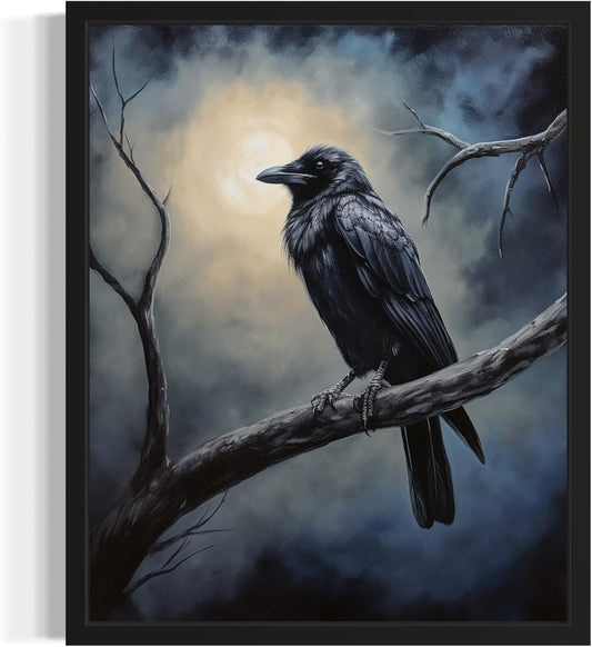 Crow under the Moonlight Poster Art Print, Halloween Scary Vintage Wall Art Academia Spooky Painting Decoration for Horror Prints, Gothic Posters Bedroom Decor 89 (Crow under the Moonlight, 16 x 20 inches, Black Frame)