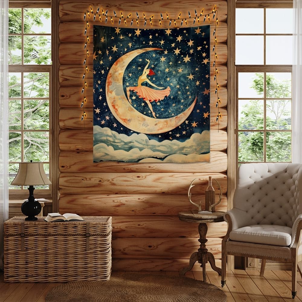 Dancer on the Moon Tapestry Starry Night Sky Art Print Dark Academia Gothic Aesthetic Wall Hanging Stars Moon Clouds Tapestries Whimsical Wall Decor for Nursery Bedroom 40x60inch