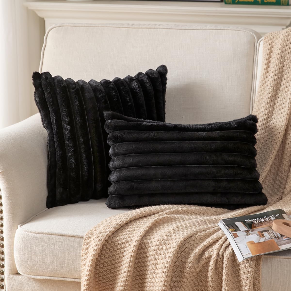 DEELAND Pack of 2,Double-Sided Faux Fur Plush Decorative Throw Pillow Covers Fuzzy Striped Soft Pillowcase Cushion Covers for Sofa Couch Bedroom Black 12x20 inch