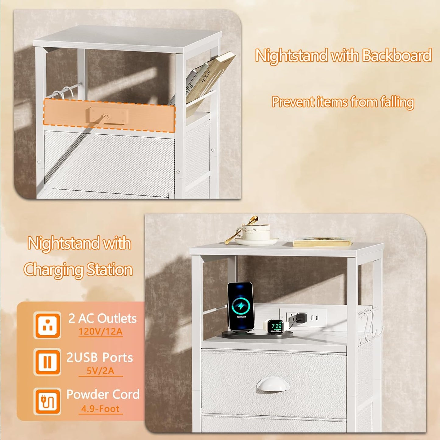 Furologee End Table with Charging Station, Nightstand with Fabric Drawers, Side Tables with USB Ports & Outlets, Night Stand with Storage Shelf & Hooks, for Living Room/Bedroom, White