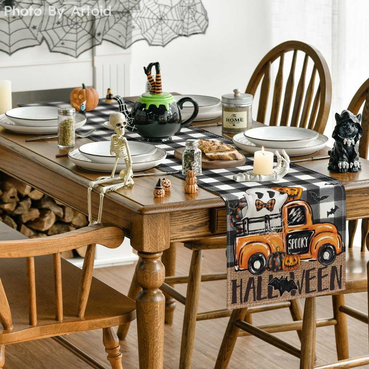 Artoid Mode Buffalo Plaid Bat Pumpkin Ghost Truck Spooky Halloween Table Runner, Sensonal Kitchen Dining Table Decoration for Home Party Decor 13x36 Inch
