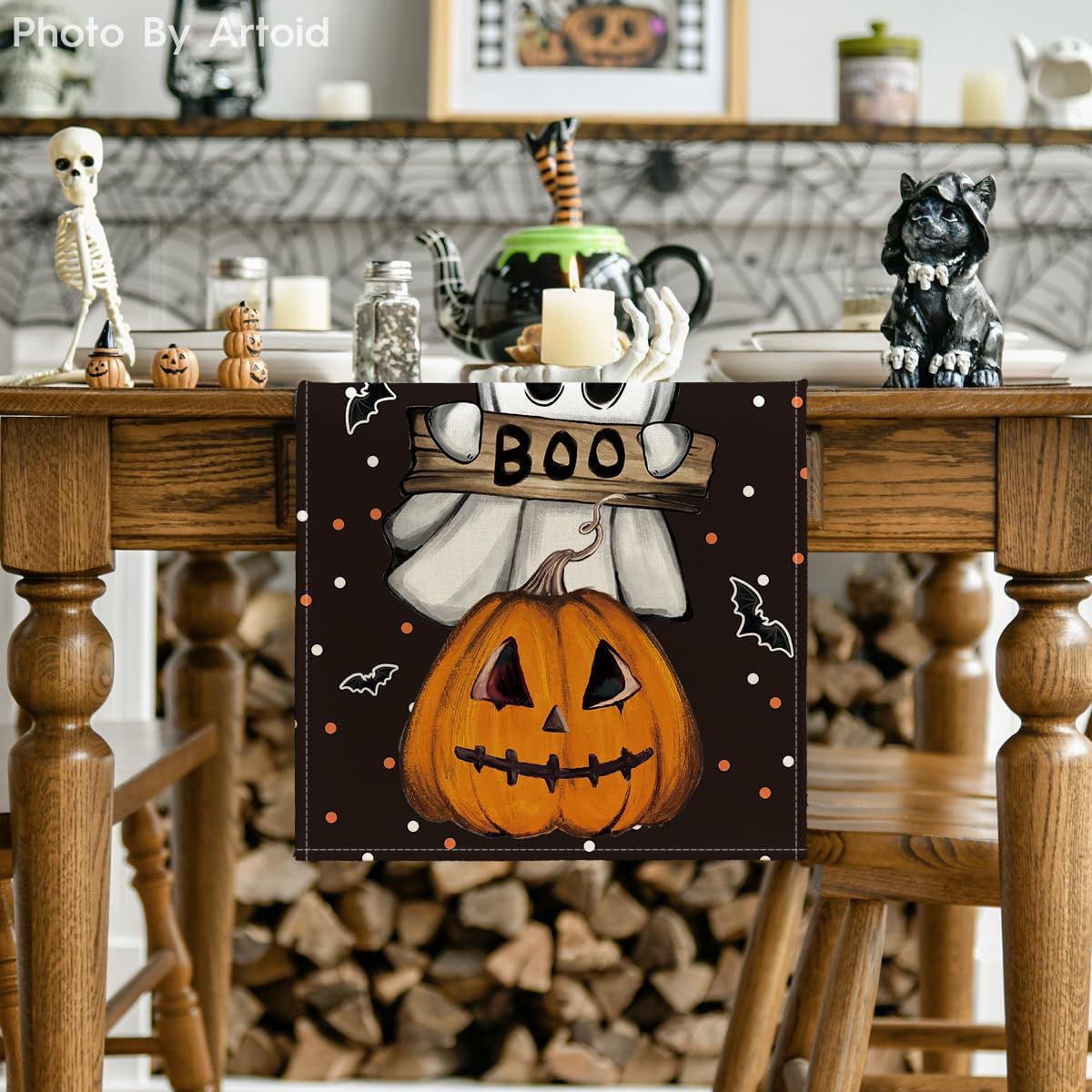 Artoid Mode Polka Dot Ghost Pumpkin Cat Boo Halloween Table Runner, Bat Seasonal Fall Kitchen Dining Table Decoration for Home Party Decor 13x60 Inch