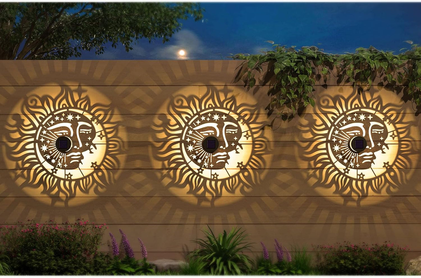 4 Pack Solar Fence Lights Metal Solar Powered Outdoor Wall Deck Step Lights Sun Moon Theme Waterproof Fence Light for Garden Post Patio Backyard Yard Decor, Gardening Gifts for Women Mom Grandma