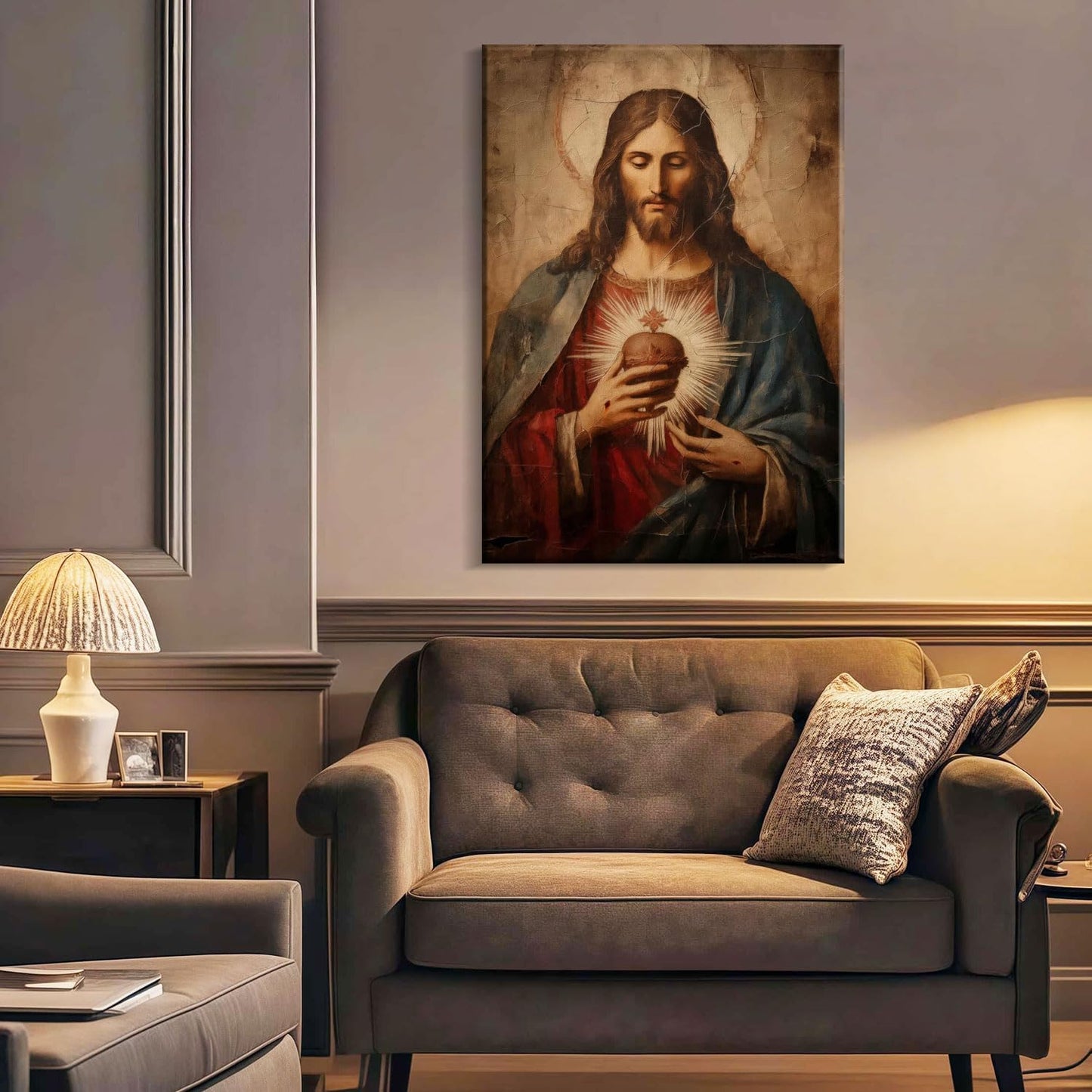 Framed Jesus Sacred Heart Canvas Painting Wall Art Christian Religious Poster Inspirational Bible Art Gallery Style Print for Bedroom Church Home Decor 16X24 Inch Ready to Hang