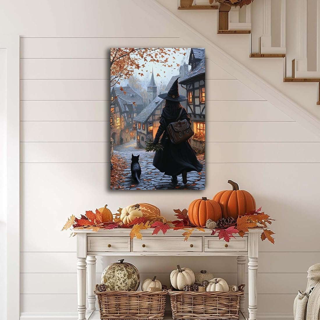 Autumn Witch And Black Cat Picture Wall Decor,Halloween Canvas Vintage Rustic Wall Art,Preppy Bedroom Living Room Bathroom Poster Print,8"x12" Framed