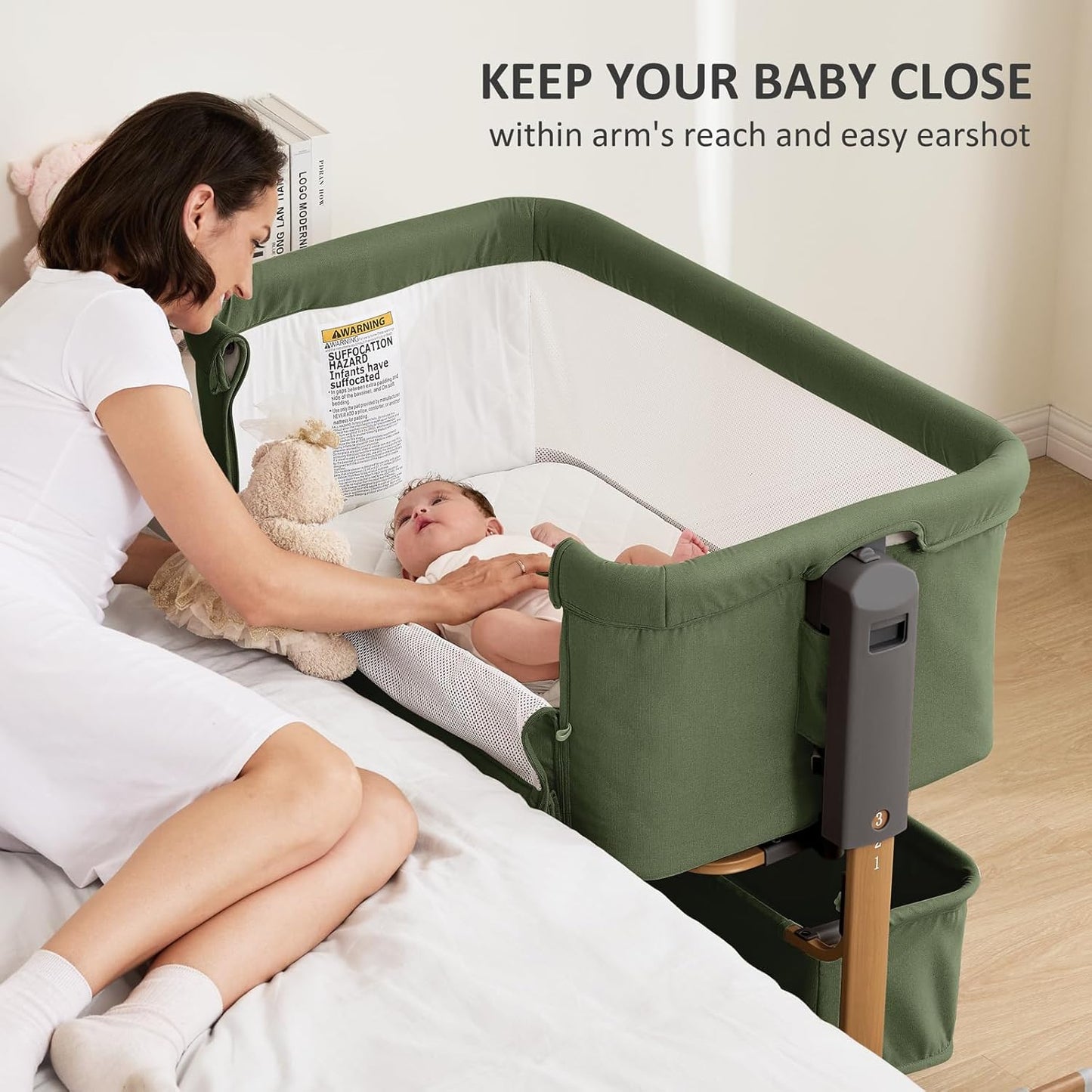 3 in 1 Baby Bassinet, Rocking Bassinet, Bedside Bassinet, 6-Height Adjustable, Bassinet Bedside Sleeper, Bedside Bassient for Baby with Comfy Mattress, Breathable Mesh, Large Storage Basket