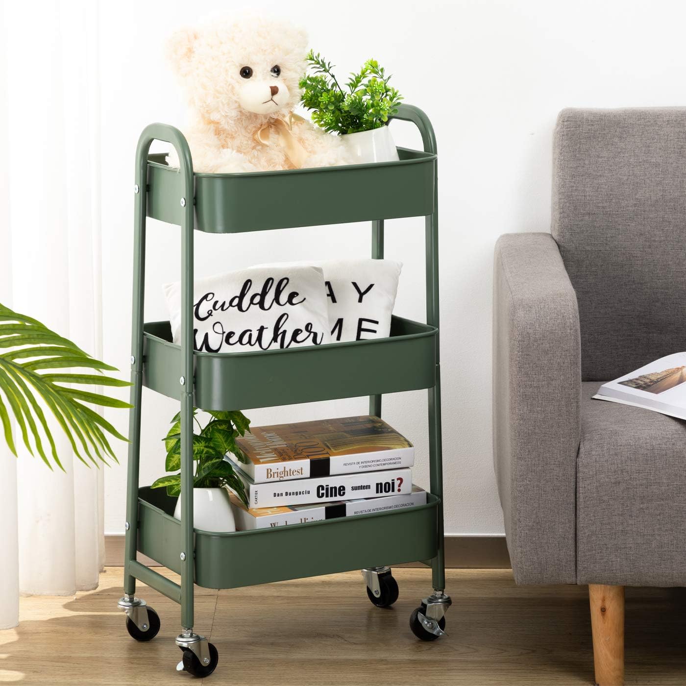 AGTEK Movable Rolling Organizer - 3 Tier Metal Storage Cart, Green
