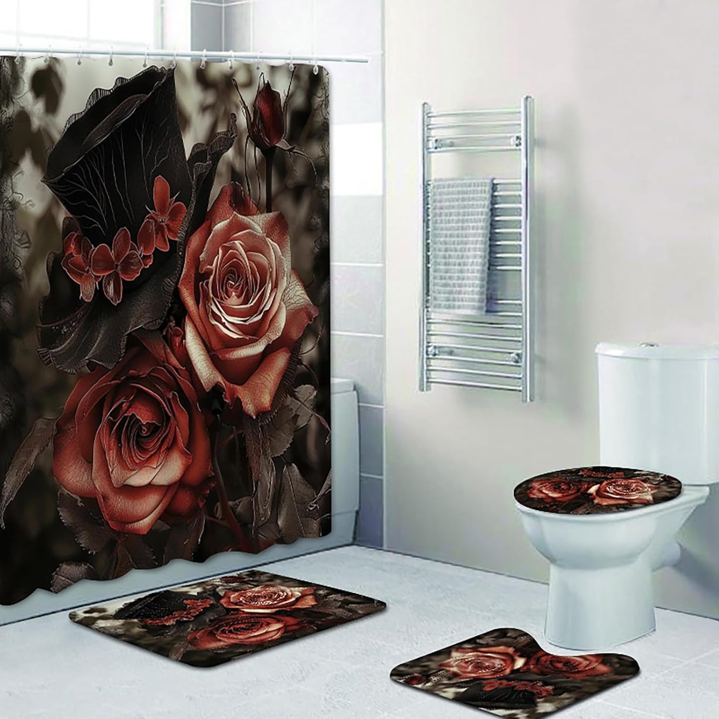 NEWSUYAA Halloween Decorations Shower Curtain Set with Non-Slip Rugs and Bath Mats,Black Skull Skeleton Bathtub Curtains with 12 Hooks,All Saints'Day (Nov 1st) Bathroom Decor