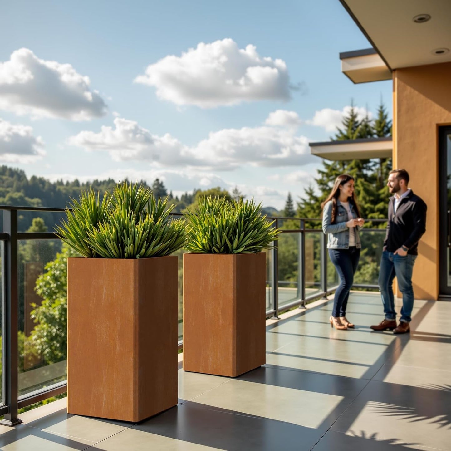 28 Inch Co rten Steel Planter-Modern Square Metal Outdoor Planters for Front Porch, Patio & Garden -Large Tall Planters (14" L X 14" L X 28" H)