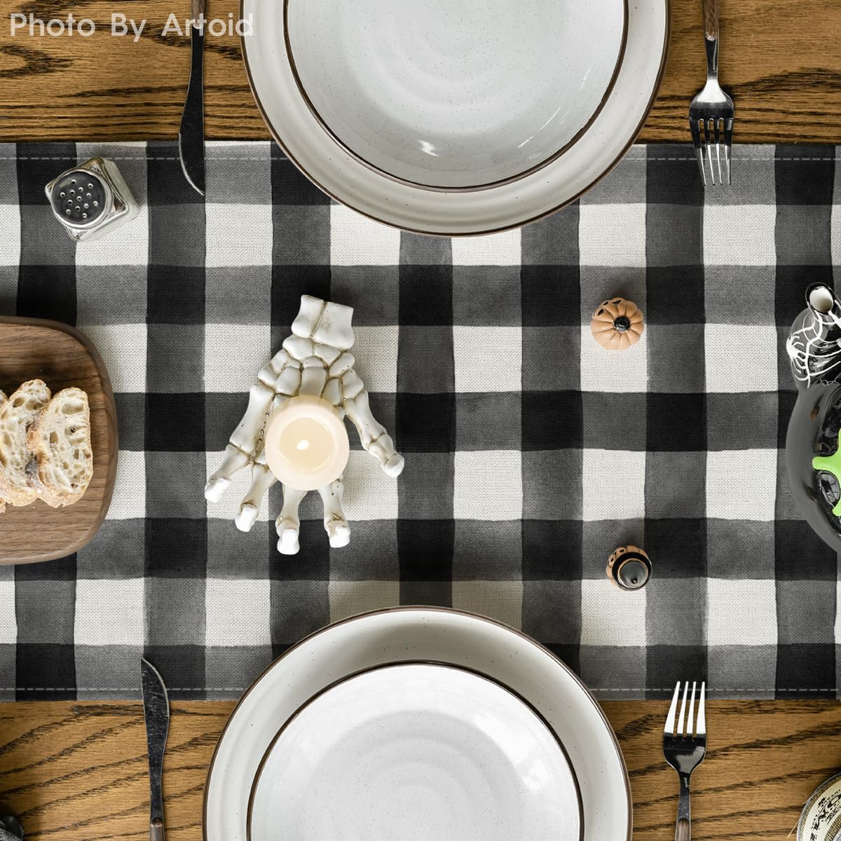 Artoid Mode Buffalo Plaid Bat Pumpkin Ghost Truck Spooky Halloween Table Runner, Sensonal Kitchen Dining Table Decoration for Home Party Decor 13x120 Inch