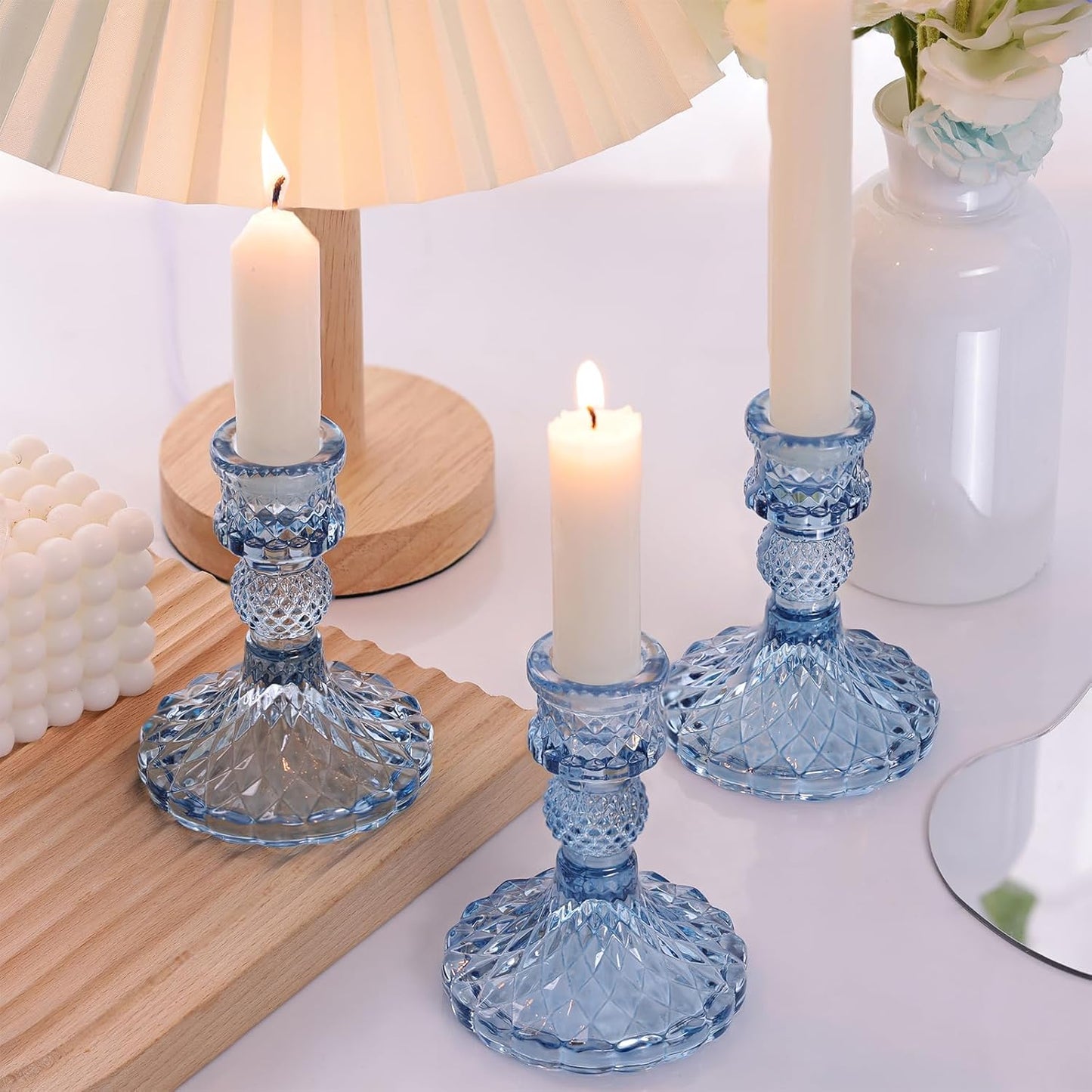 12Pcs 4" H Aqua Blue Candlestick Holders Set- Taper Candle Holders Bulk, Glass Candle Holders for Wedding, Party, Romantic Dinner Table Centerpieces, Festival Gifts & Windowsill Decor