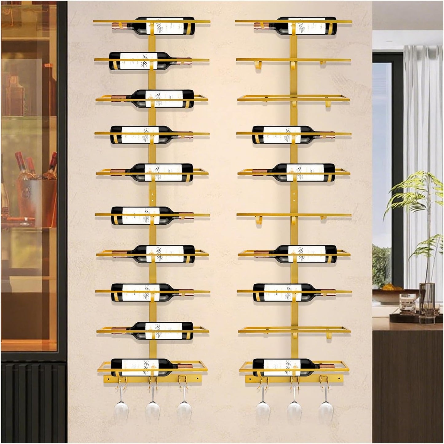 20 Bottle Wall Mount Wine Rack with Wine Glass Holder, Metal Wine Wall Rack, Wall Racks for Wine Bottles Display and Storage, Hanging Bottle Organizer for Living Dining Room Wine Cellar Bar (Gold)
