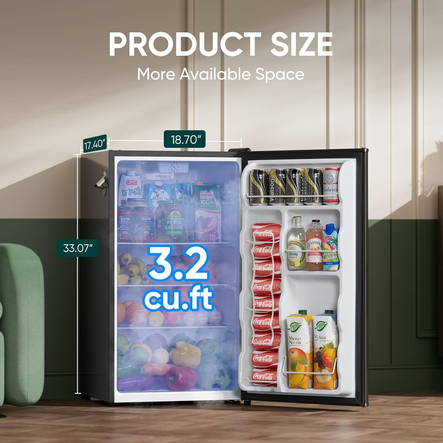 Upstreman 3.2 Cu.Ft Retro Mini Fridge with Bottle Opener, Energy Saving, Adjustable Thermostat, Metal Handle, LED Lamp, Mini Refrigerator for Bedroom, Office, Dorm-BR321 PRO (Black)