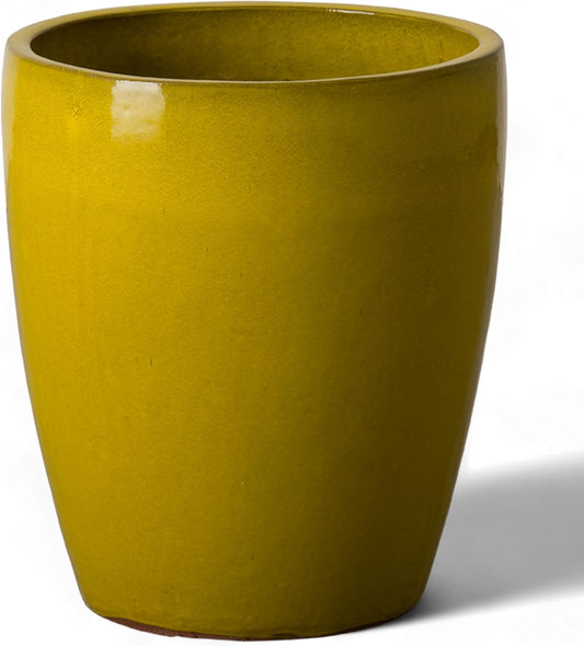 Emissary Bullet 14 in. Mustard Yellow Ceramic Round Planter (14 in. L x 14 in. W x 15.5 in. H) with Drainage Hole