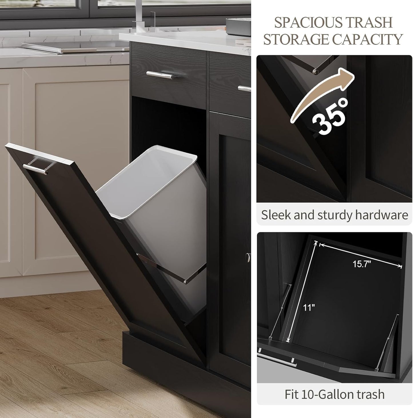 4 EVER WINNER Kitchen Island on Wheels with Storage, Rolling Kitchen Island Cart with Trash Can Cabinet, Kitchen Island Table with Spice Rack & Towel Rack, Black