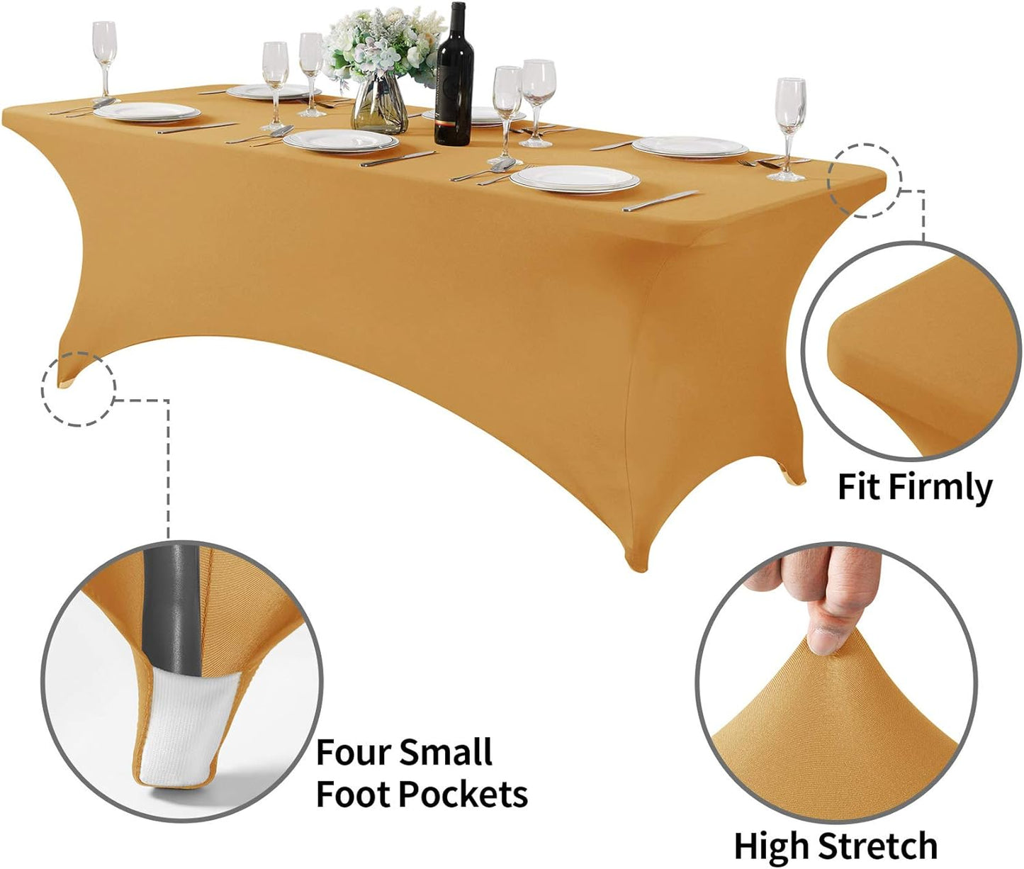 2Pack Spandex Table Cover for 8FT or 4ft or 6ft Table Universal Fitted Stretch Tablecloth for Party, Banquet, Wedding and Events-Gold