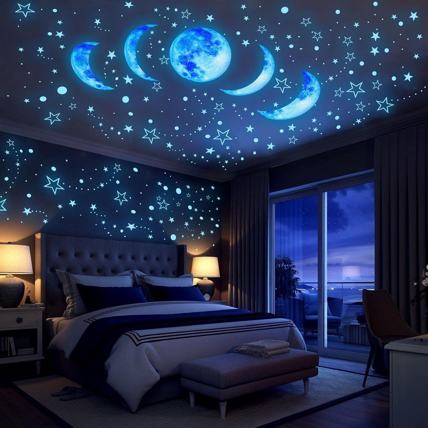 Glow in The Dark Starry Sky Moon and Stars Wall Decals,Glowing Galaxy Stars Space Planet Ceiling Wall Stickers for Boys Girls Bedroom Kids Baby Nursery Living Room Decoration