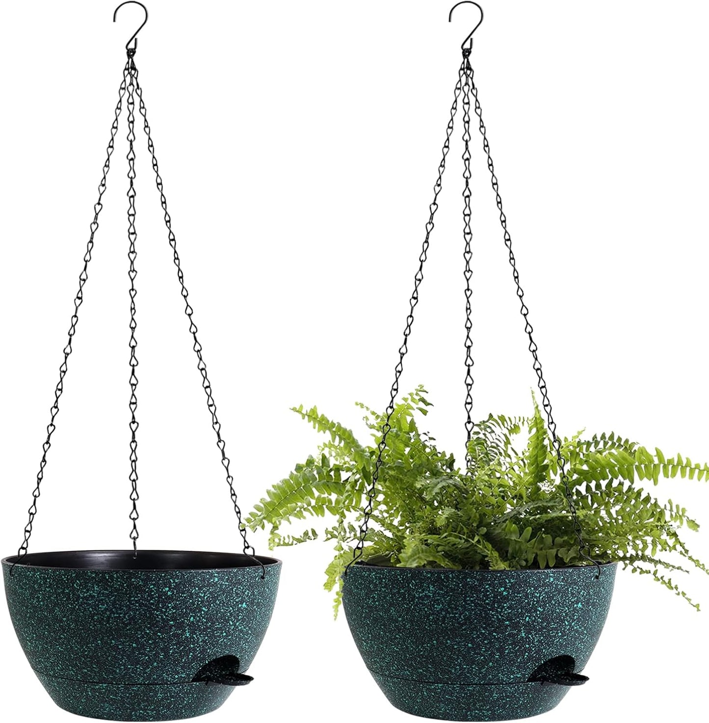 12 Inch Hanging Baskets 2 PC with Chains, Self-Watering Hanging Planters for Indoor Outdoor Plants, Plastic Hanging Flower Pots, Black with Green Speckles