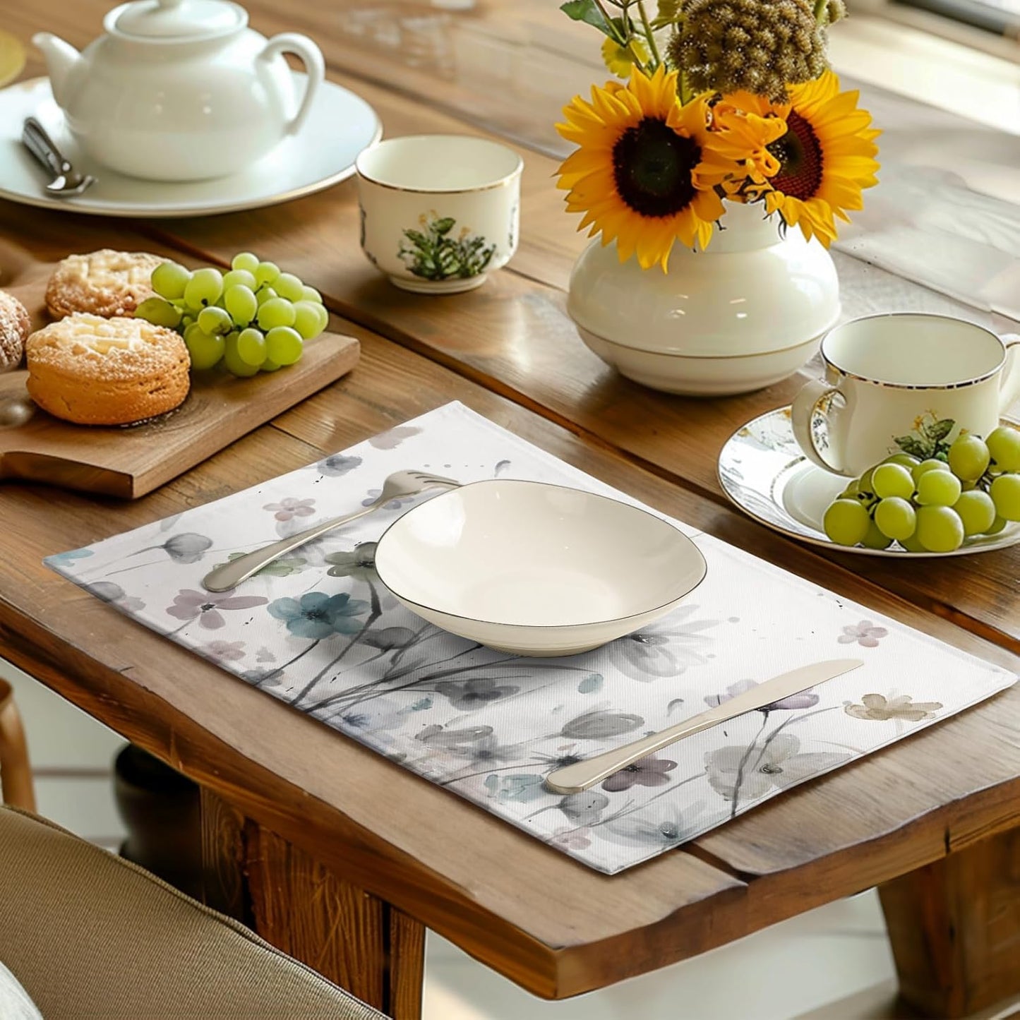 Flower Placemats Set of 4 Brown Cream Grey Poppy Flowers Table Mats Watercolor Rustic Vintage Floral Place Mat Farmhouse Linen Fabric Placemat for Party Kitchen Dining Outdoor Indoor Decor 12x18 Inch