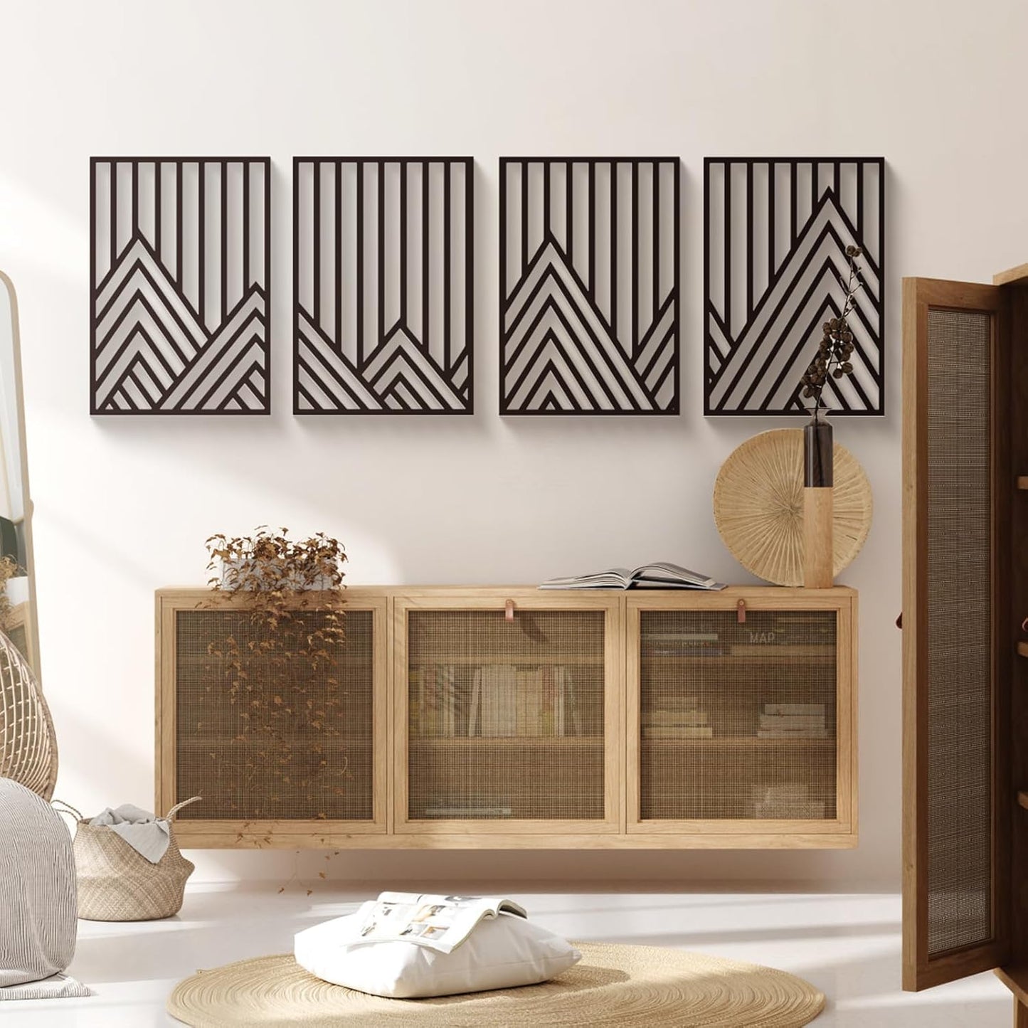 Glamativity 4 Pack Black Abstract Metal Wall Art, Minimalist Décor Single Line Art Wall Décor, 3D Textured Metal Wall Sculptures, for Living Room Bedroom Bathroom Study Room (Mountain Line, L Size 22.5 x 15.7'')